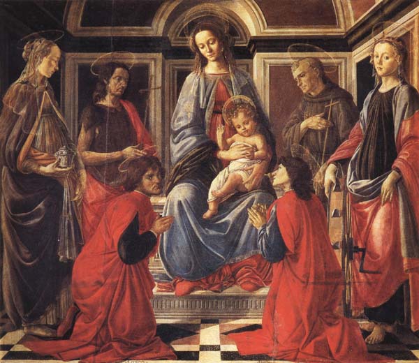 The Madonna and Child Enthroned,with SS.Mary Magdalen,Catherine of Alexandria,John the Baptist,Francis,and Cosmas and Damian